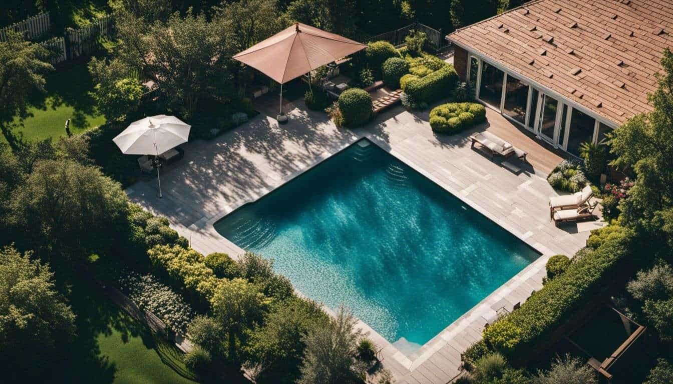 An aerial view of a swimming pool surrounded by trees and designer pool covers.