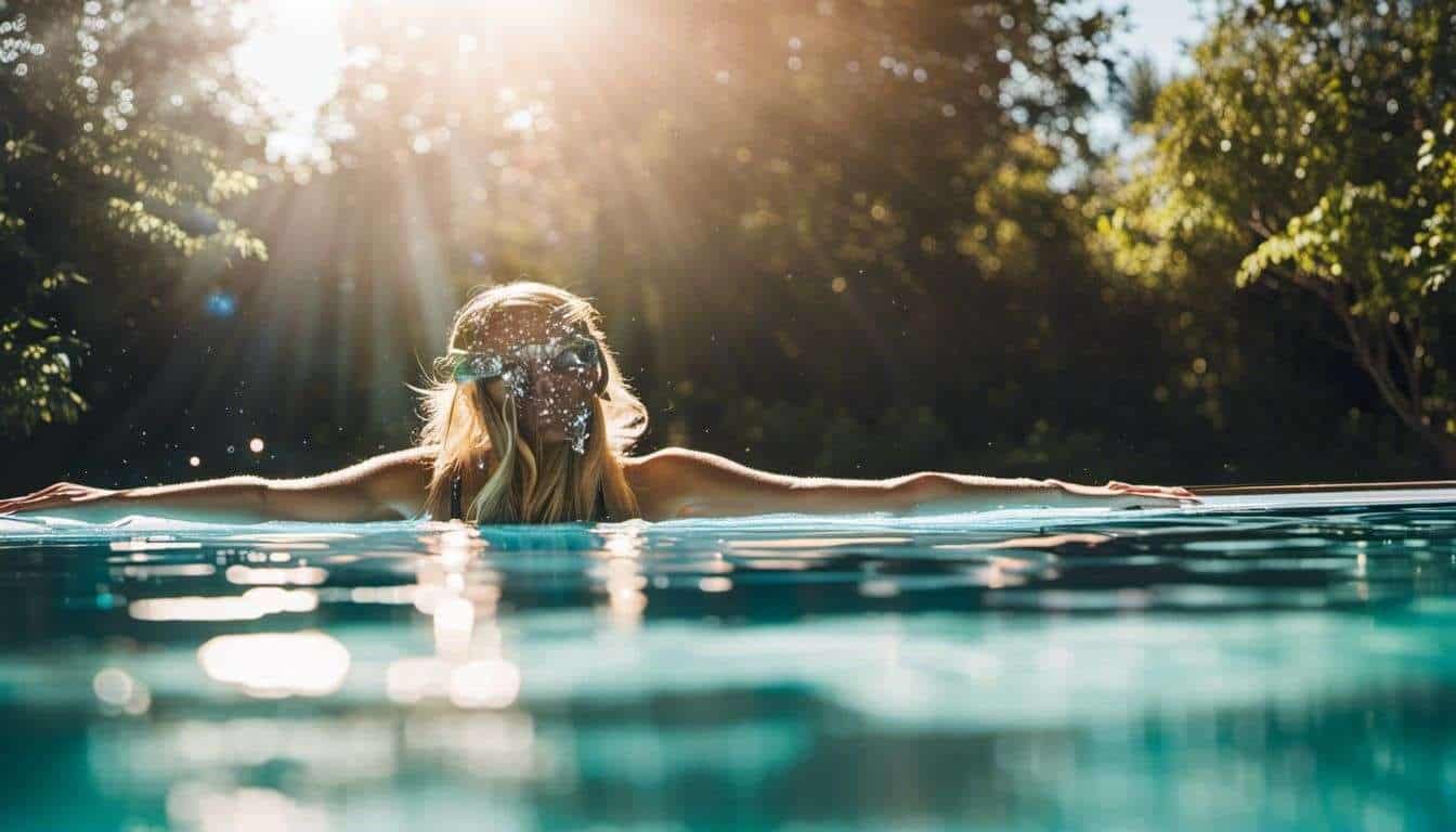 A woman is swimming in a pool with designer pool covers.