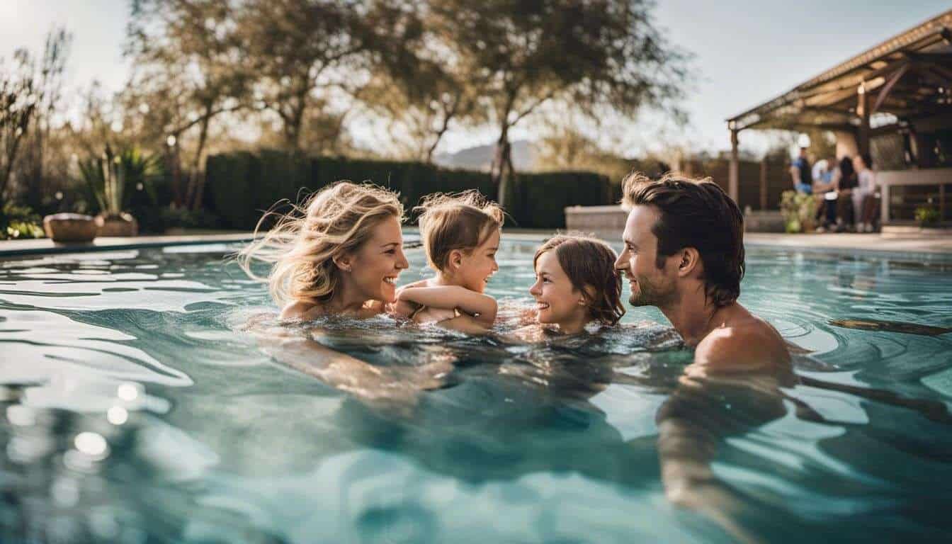 A family enjoying a designer swimming pool.