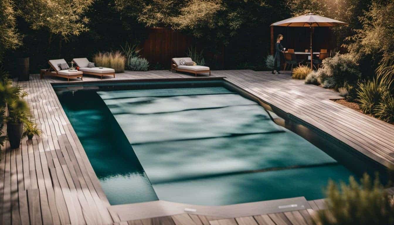 A swimming pool with designer pool covers.