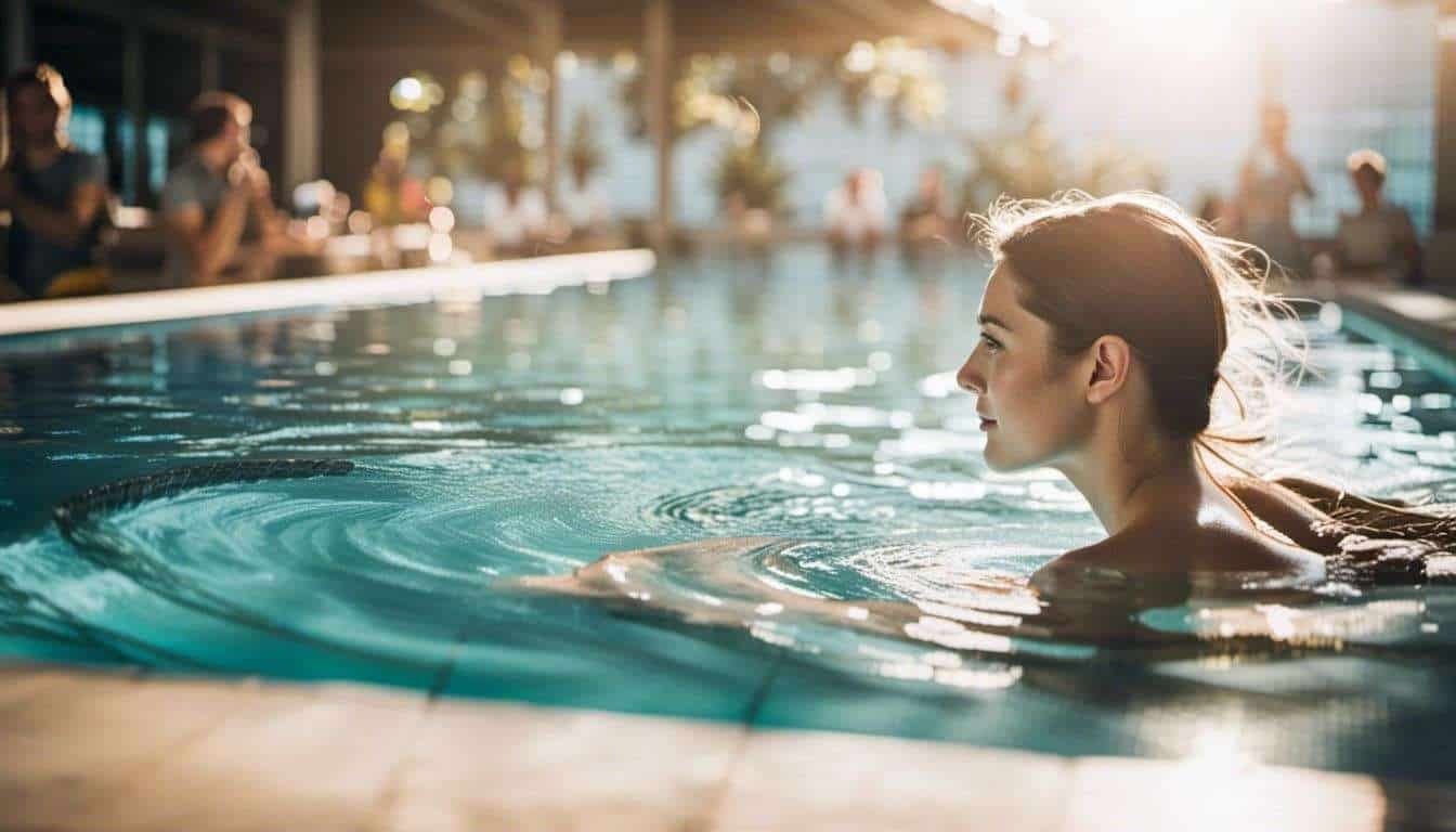 A woman is swimming in a pool covered by designer pool covers.