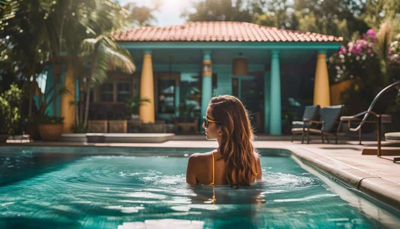 A designer swimming pool cover is showcased as a woman swims in front of a house.