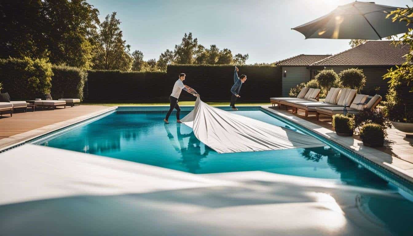 A man is putting a pool cover over a swimming pool.