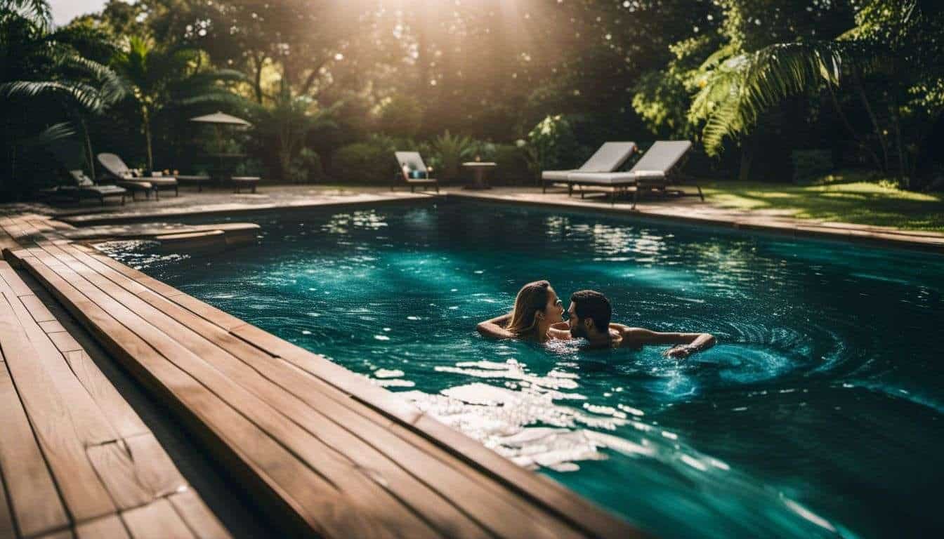 Two people swimming in a pool.