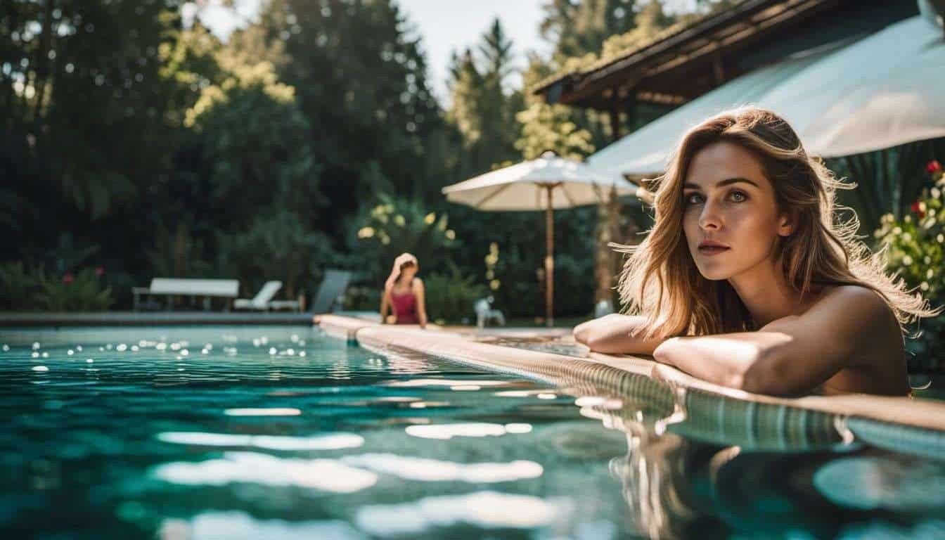 A woman admiring the view from designer pool covers.