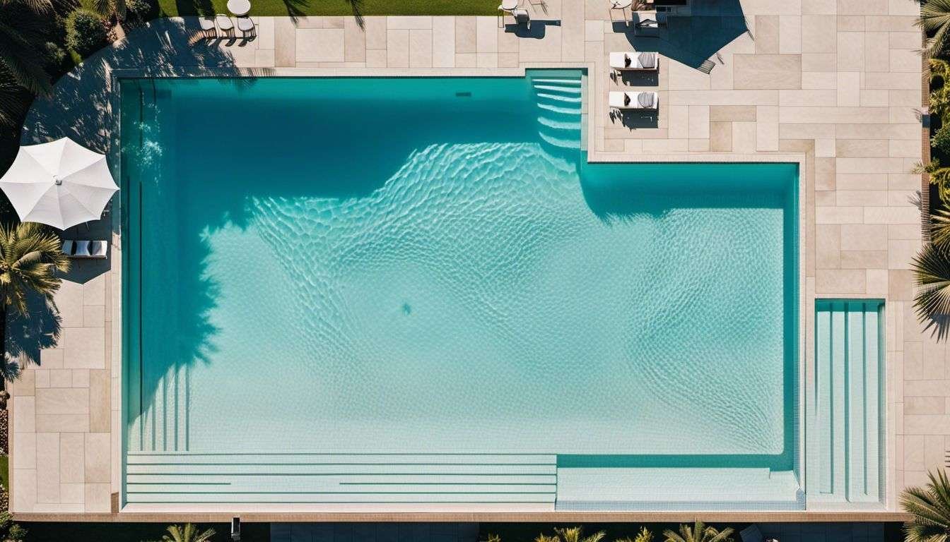 An aerial view of a swimming pool surrounded by palm trees enclosed with designer pool covers.