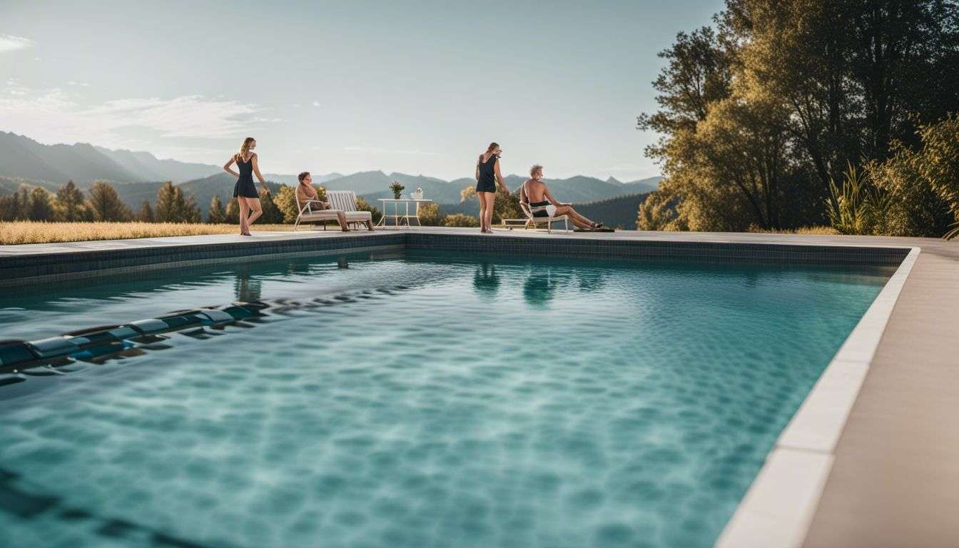 A group of people with designer pool covers in a swimming pool.