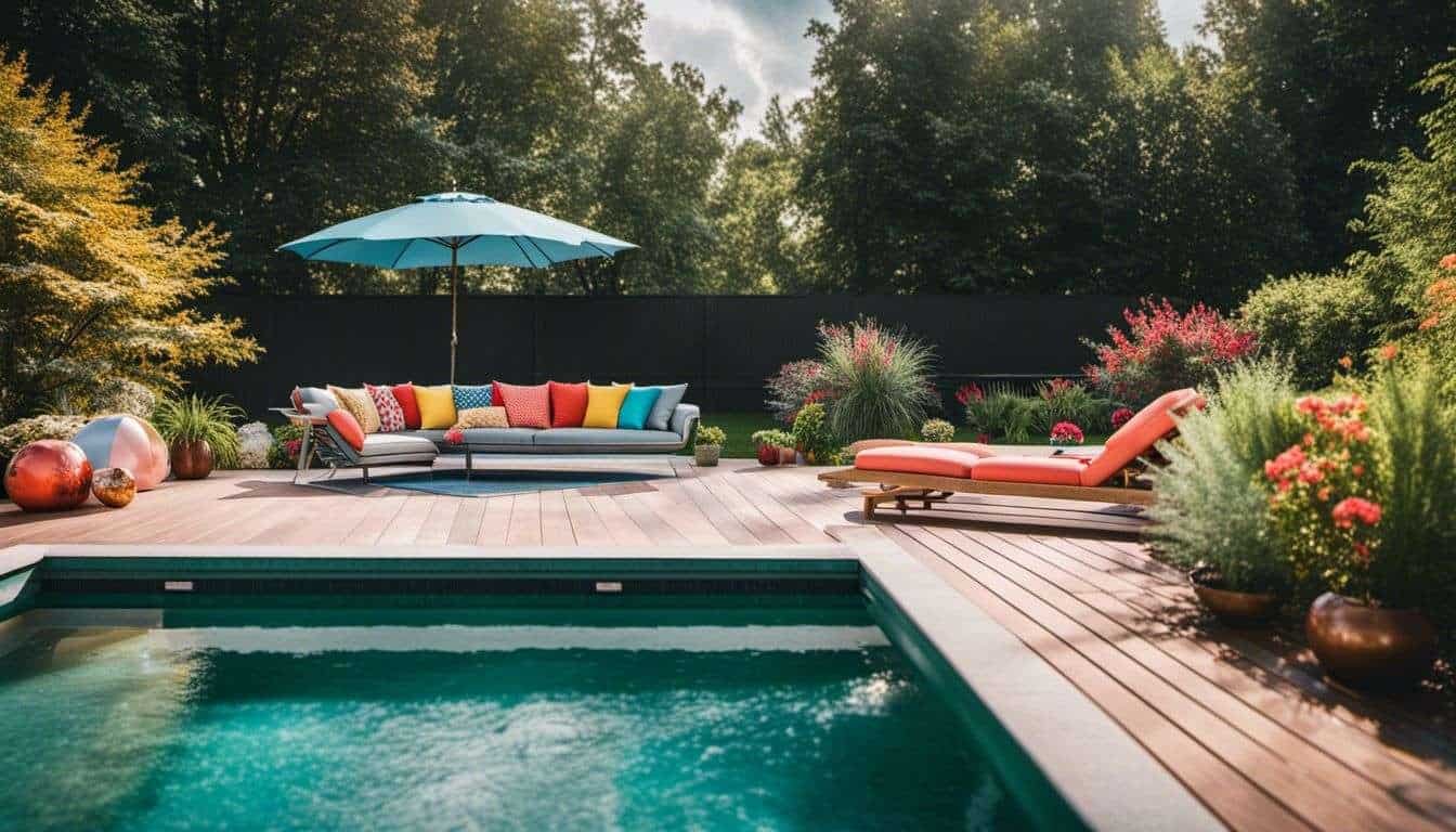 A backyard with a pool and designer pool covers.