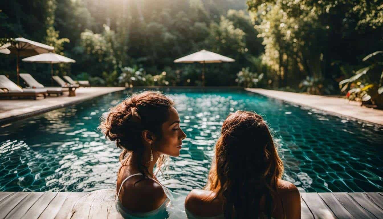 Two women admiring a pool in a tropical setting.