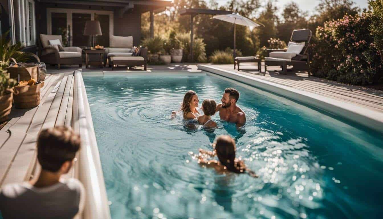 A family is swimming in a pool with designer pool covers.