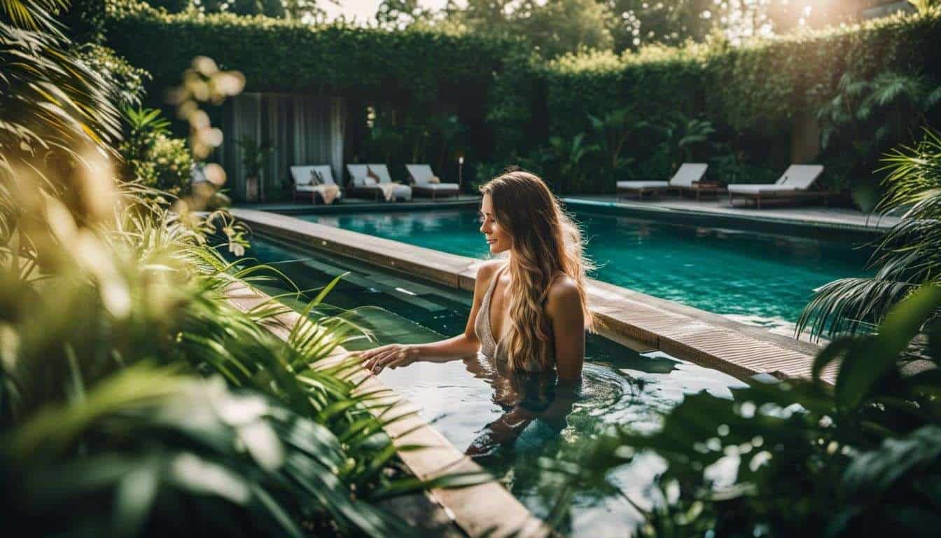 A woman relaxing in a pool with designer pool covers.