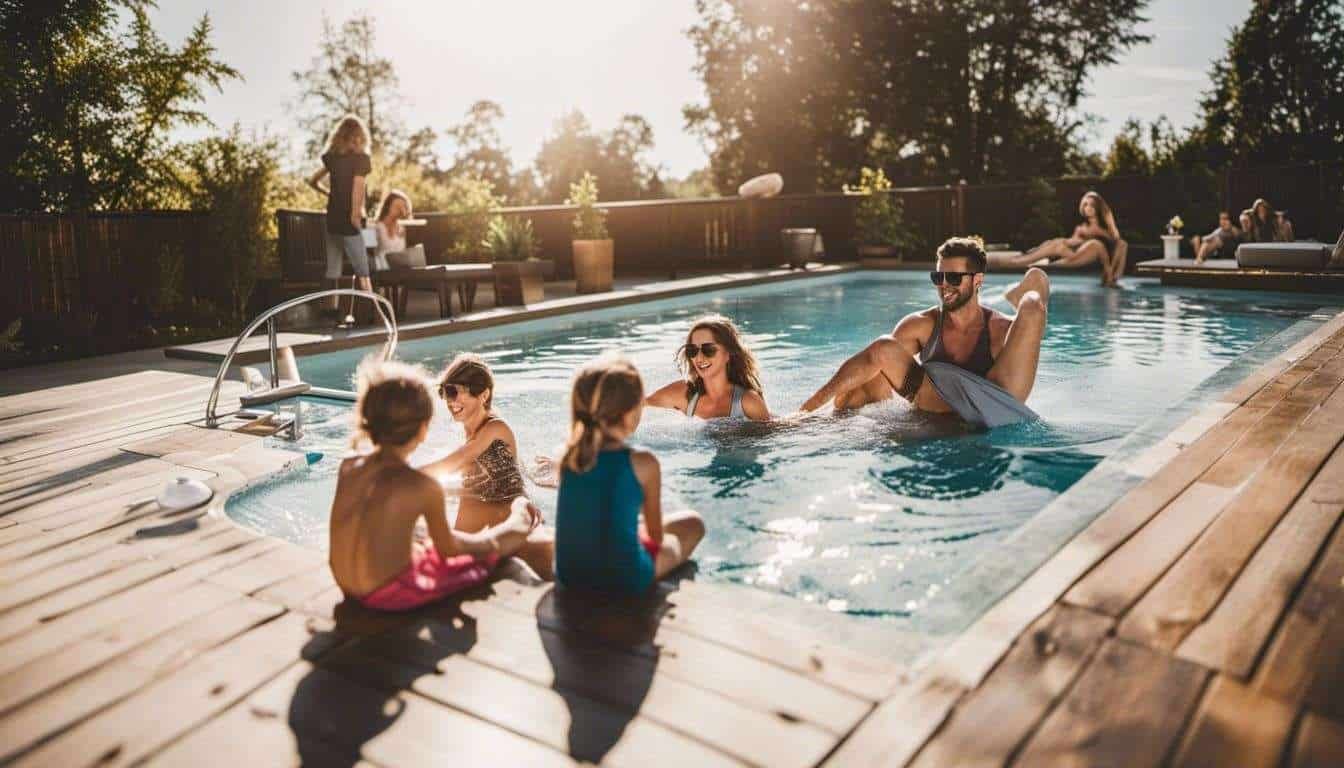 Family enjoying swimming pool.