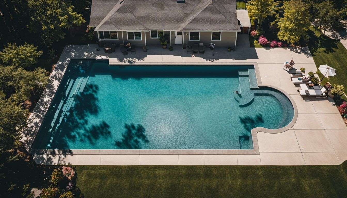 An aerial view of a swimming pool with designer pool covers.