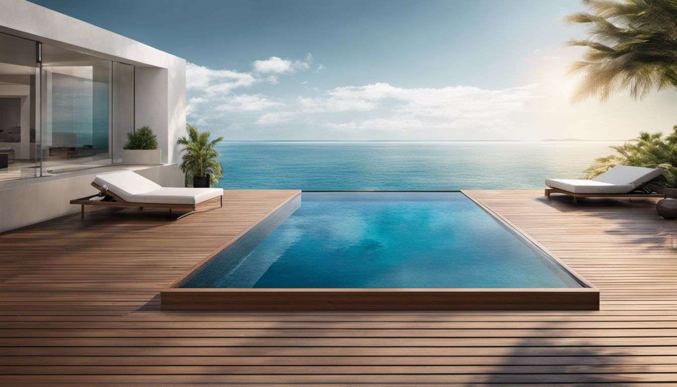 A wooden deck with a swimming pool overlooking the ocean.