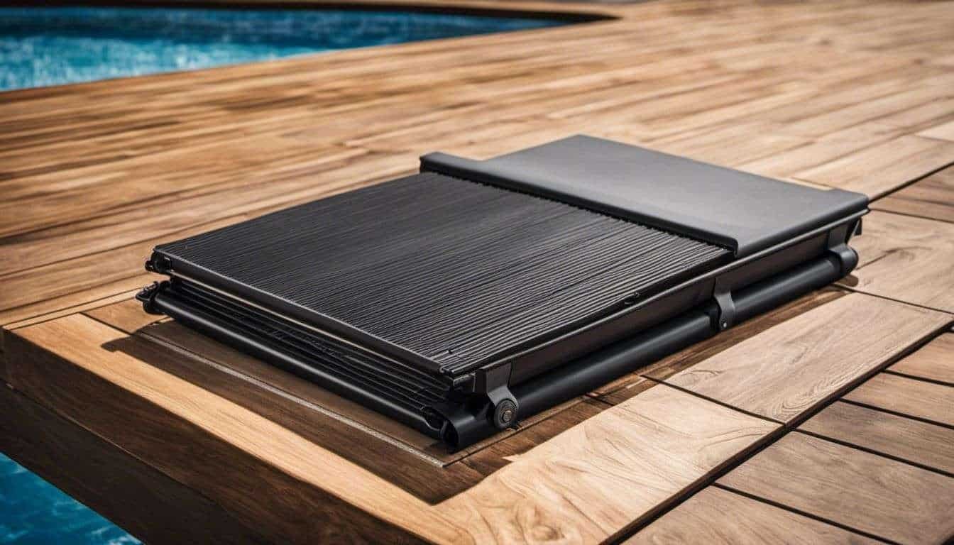 A black laptop sitting on top of a wooden table next to a pool.