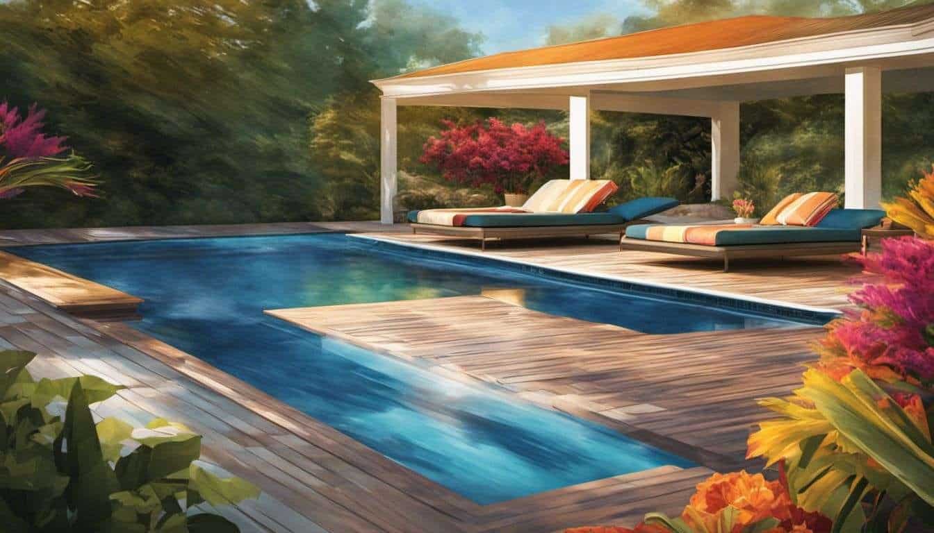 A painting of a pool with lounge chairs and flowers.