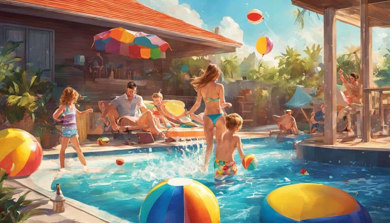 A painting of people playing in a pool.