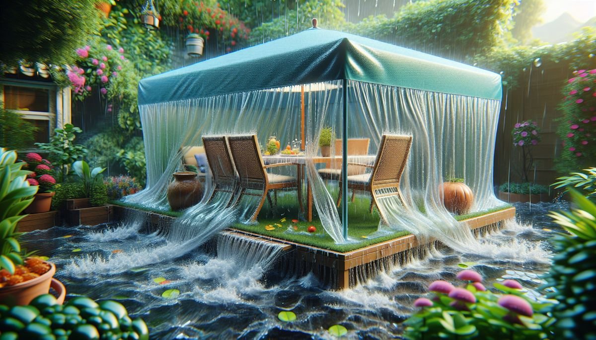 A gazebo with flowing water curtains shelters a patio dining set in a lush, rain-soaked garden filled with plants and flowers.