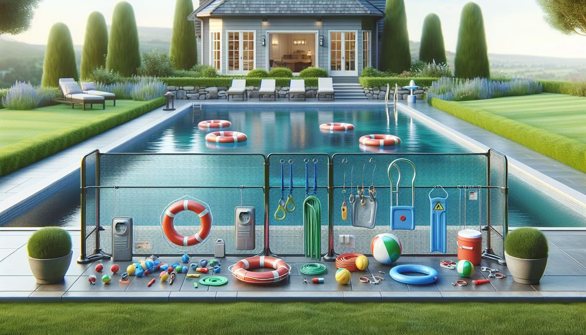 A 3d rendering of a swimming pool with life preservers around it.