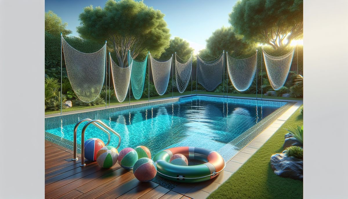 A rectangular swimming pool with a metal ladder, surrounded by greenery. Colorful beach balls and a life ring float are on the wooden deck. Large nets are hung behind the pool.