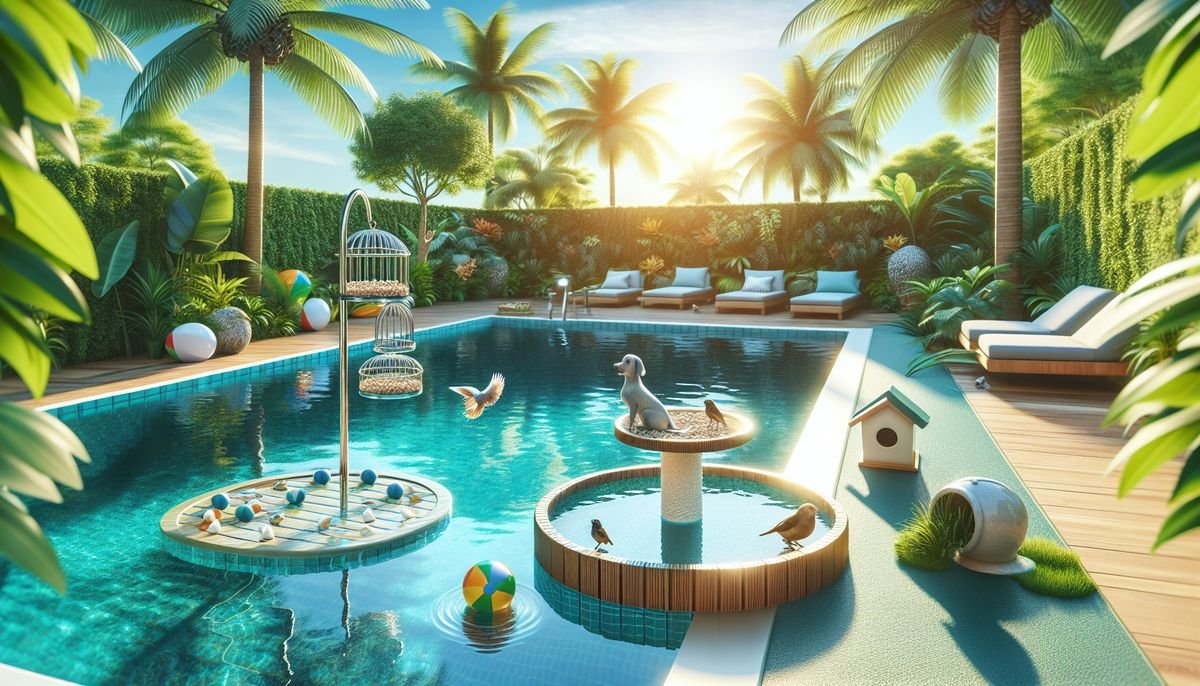 A luxurious pool area with lounge chairs, a variety of birds on bird perches, tropical trees, and a birdhouse. The sun is shining brightly, and the setting is surrounded by lush greenery.