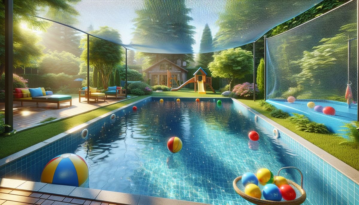 A backyard with a rectangular swimming pool, various balls floating in the water, a net overhead, a lounge area with seating, and a children's playhouse and slide in the background.