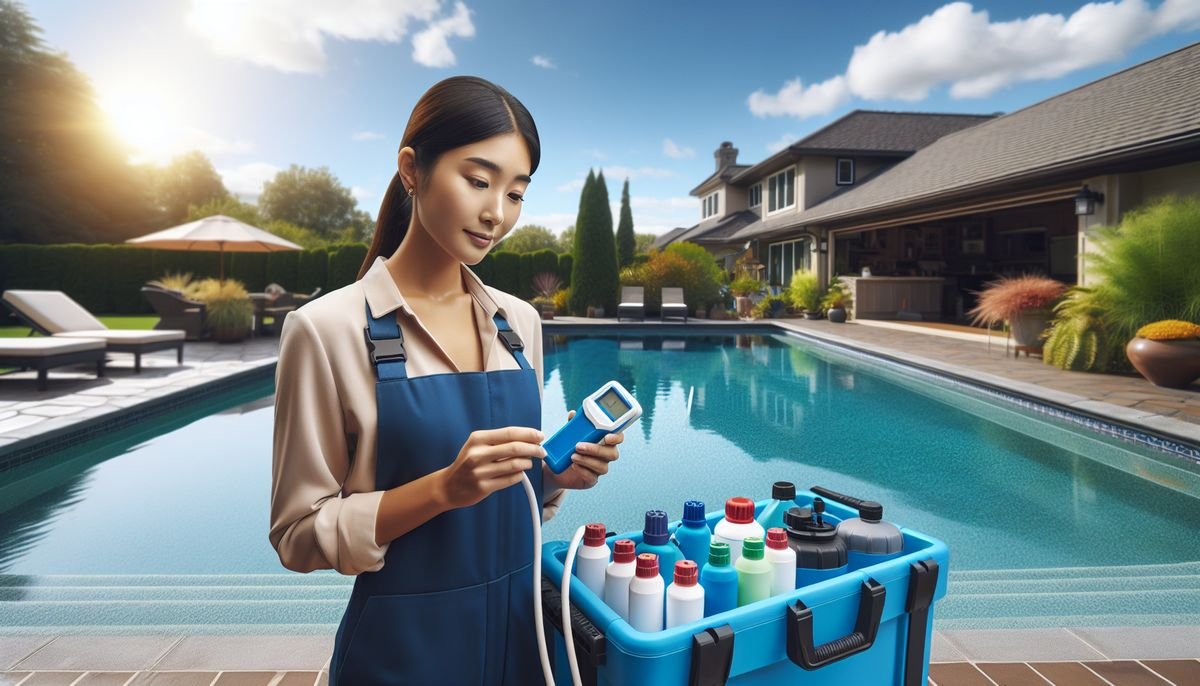 A woman holding a thermometer next to a swimming pool.