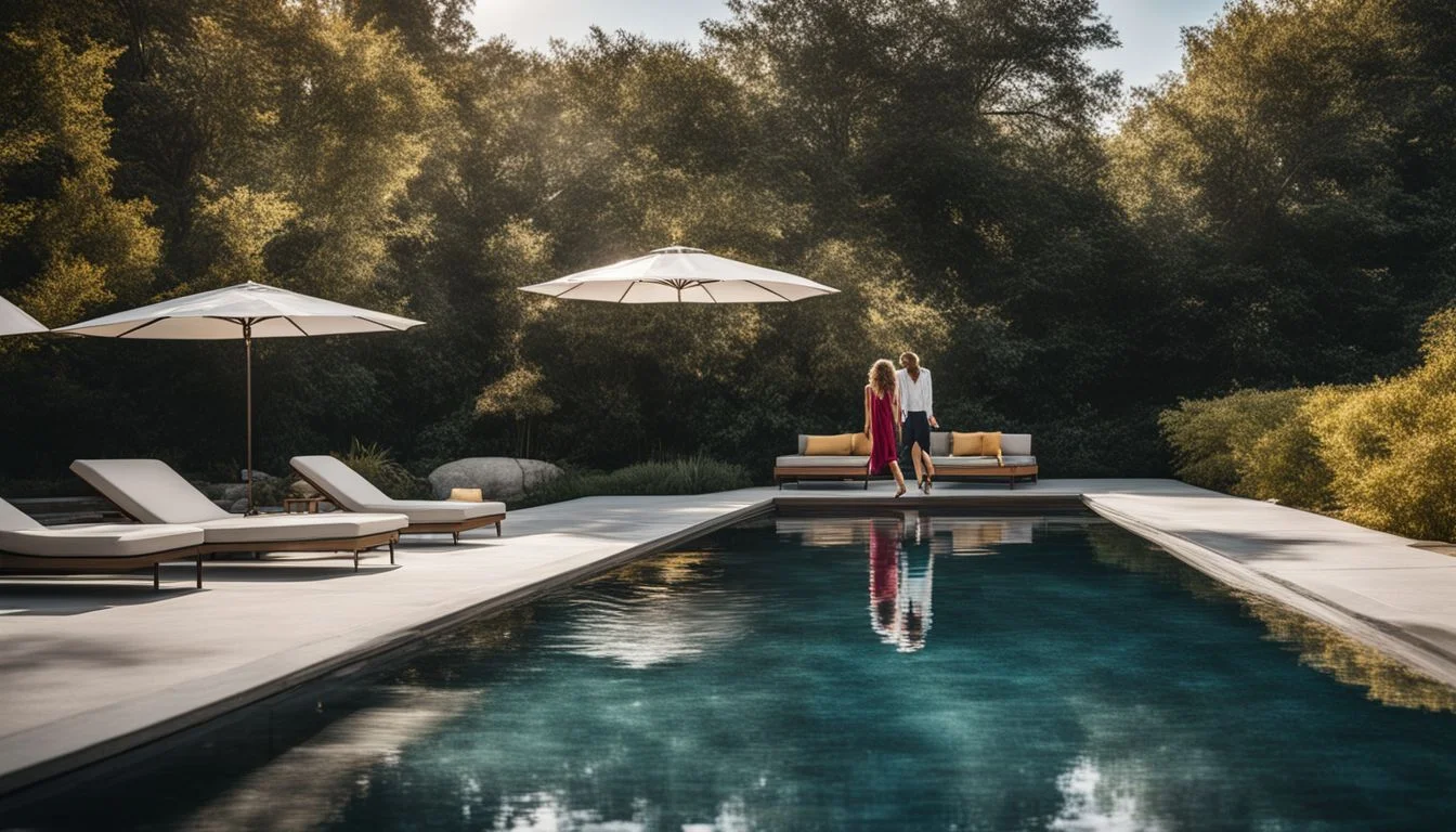 A woman is standing next to a pool with umbrellas.