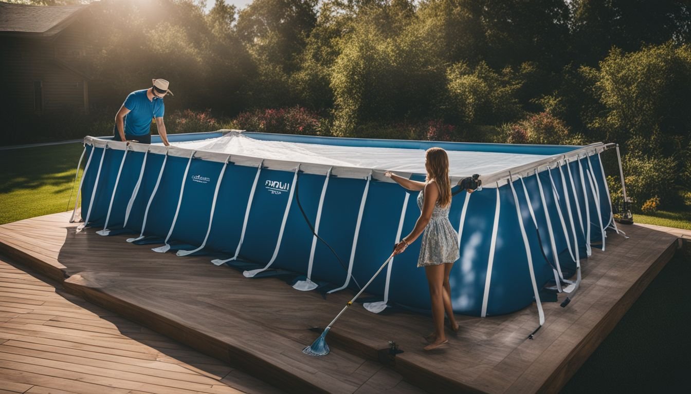 A woman is cleaning a pool on a wooden deck.