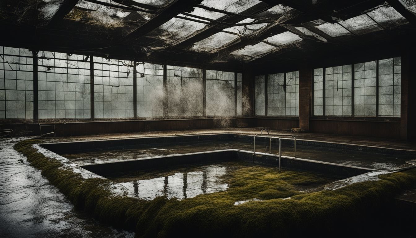 An abandoned swimming pool with moss growing on it.