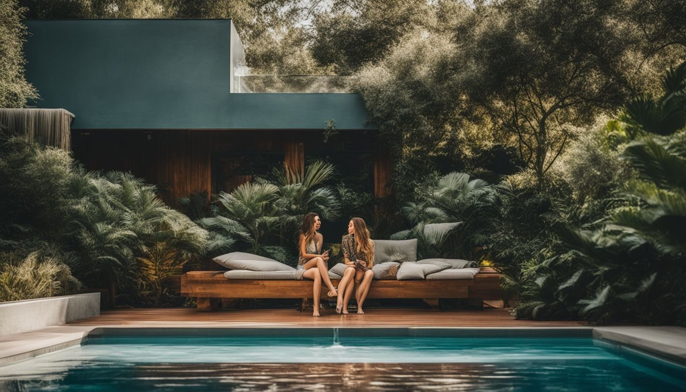 Two women sitting on a couch in front of a pool.