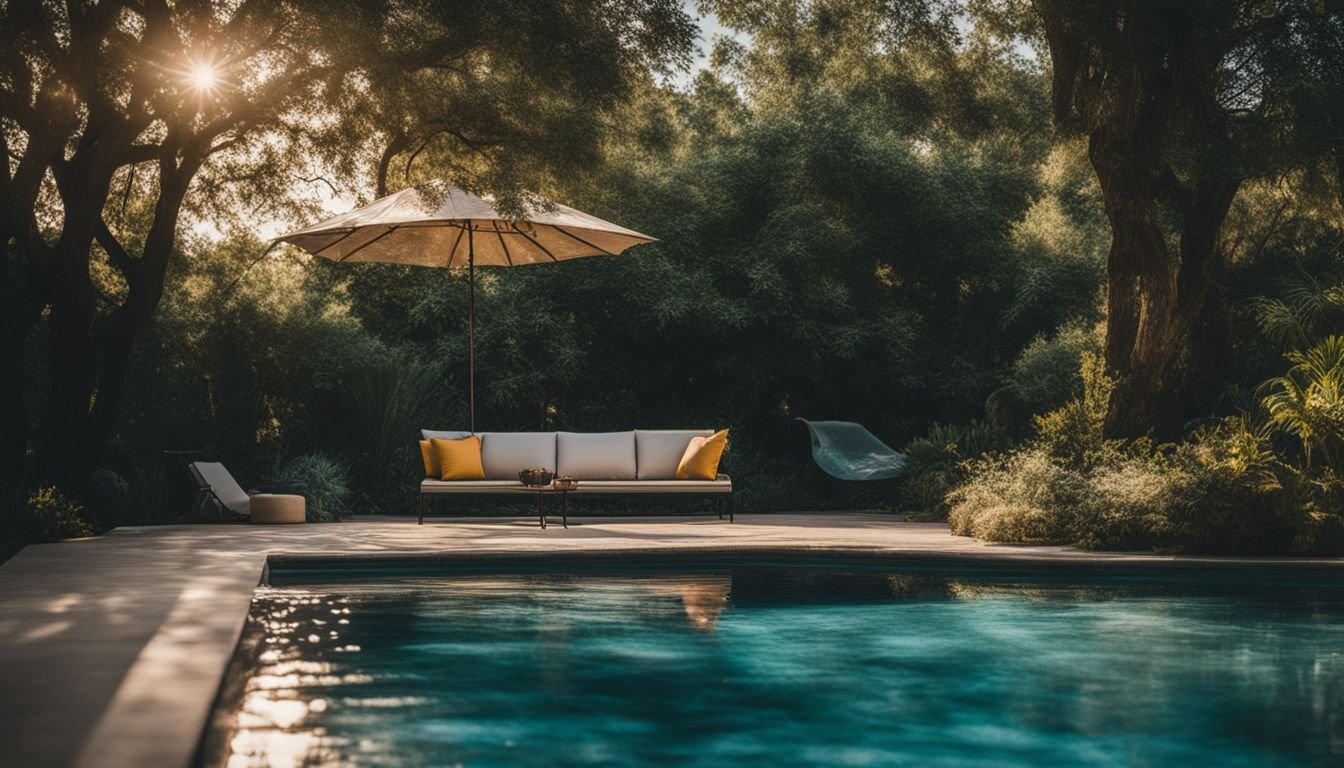 A pool with a lounge chair and umbrella.