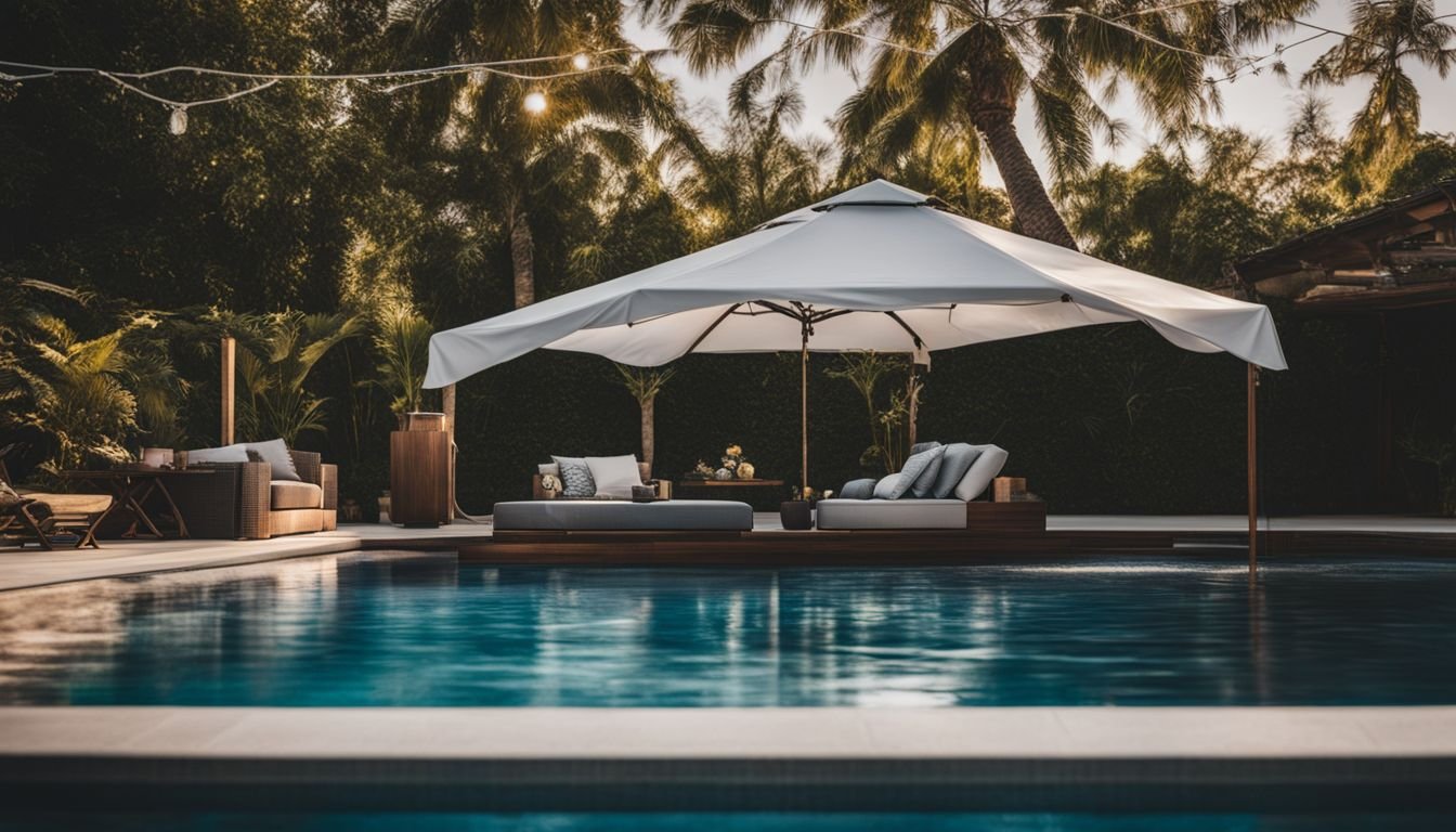 A pool with a white umbrella and lounge chairs.