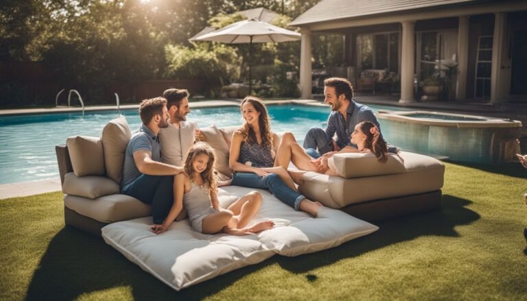 A family sits on a couch in front of a pool.