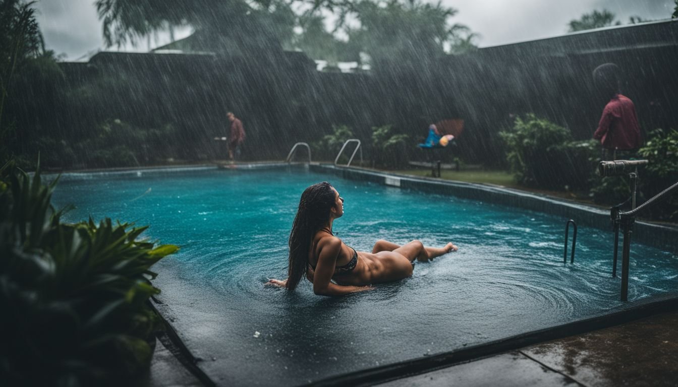 A woman floats in a pool during the rain.