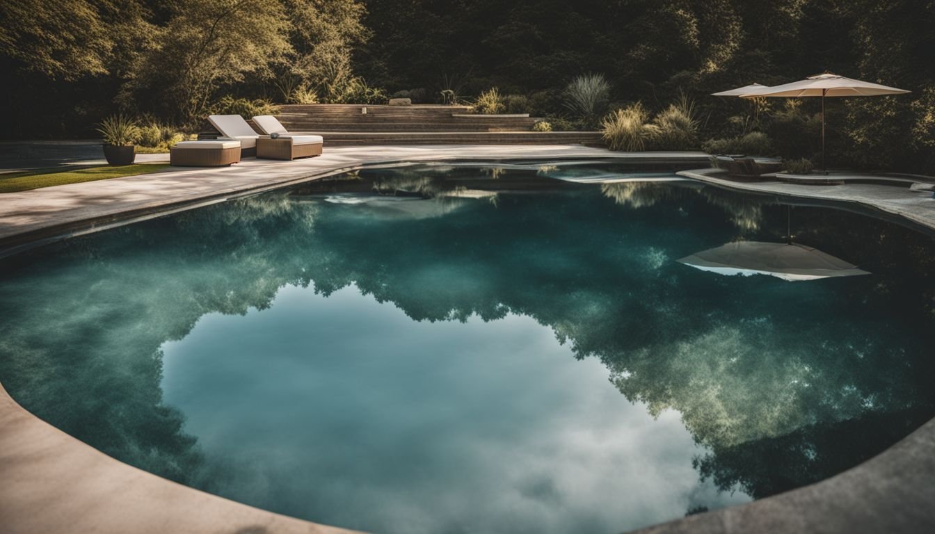 A swimming pool in the middle of a wooded area.