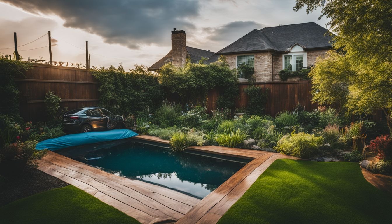 A backyard with a wooden deck and a pool.