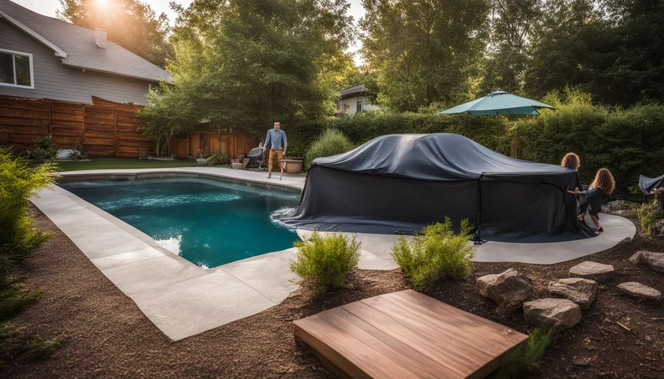 A pool with a cover on it in a backyard.