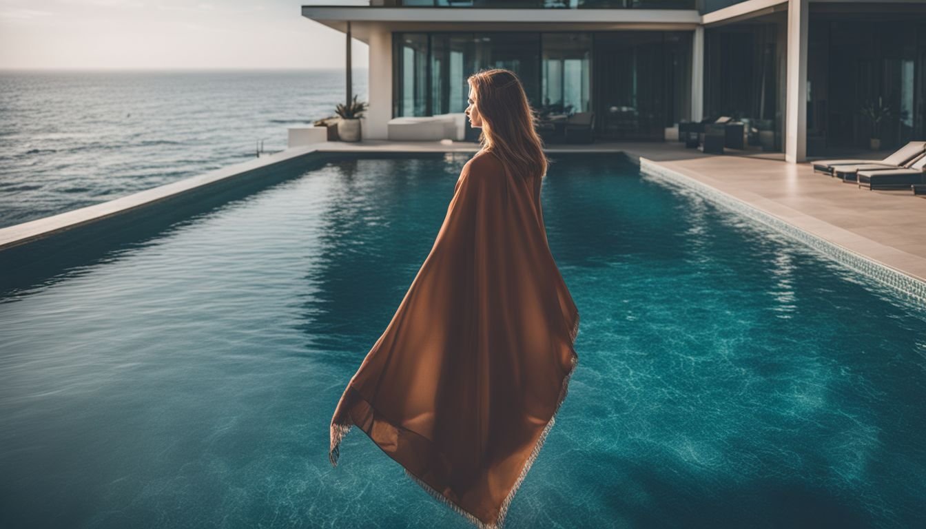 A woman standing by a pool with a towel.