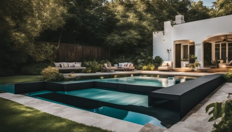 A backyard with a pool and lounge chairs.