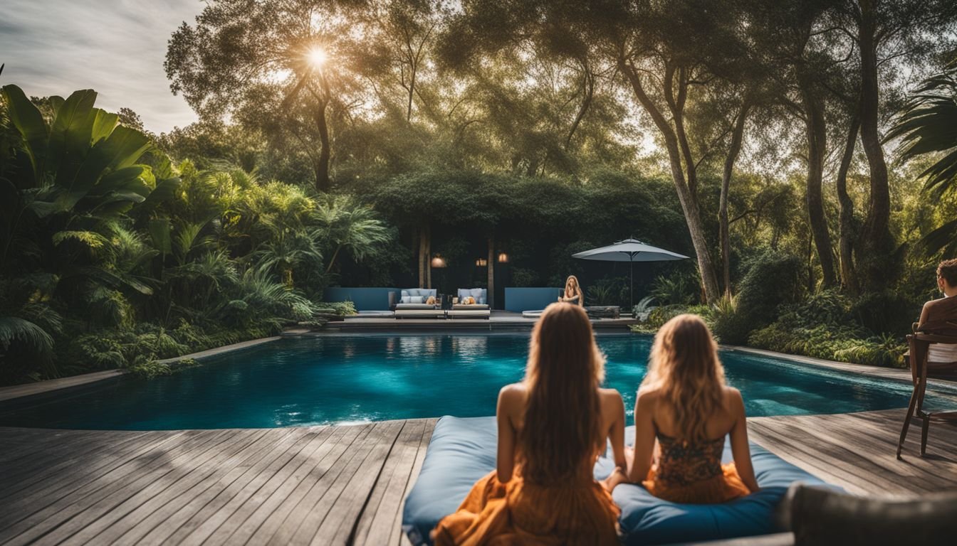 Two young women sitting on a wooden deck next to a swimming pool.