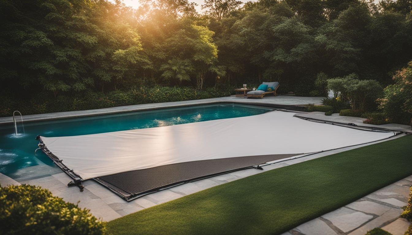 A swimming pool with a pool cover.