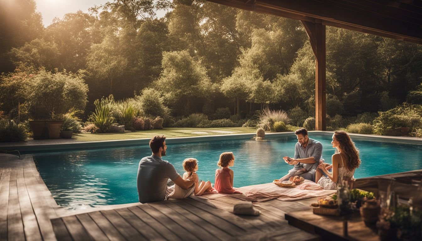 A family sits around a pool at sunset.