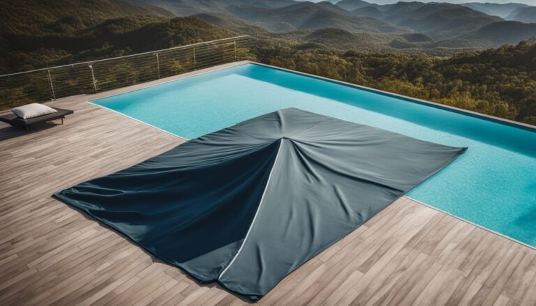 A blue umbrella on top of a pool with mountains in the background.