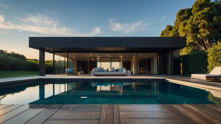 Modern house with expansive glass walls and a flat roof overlooking a swimming pool with a neutral-colored pool cover at dusk.