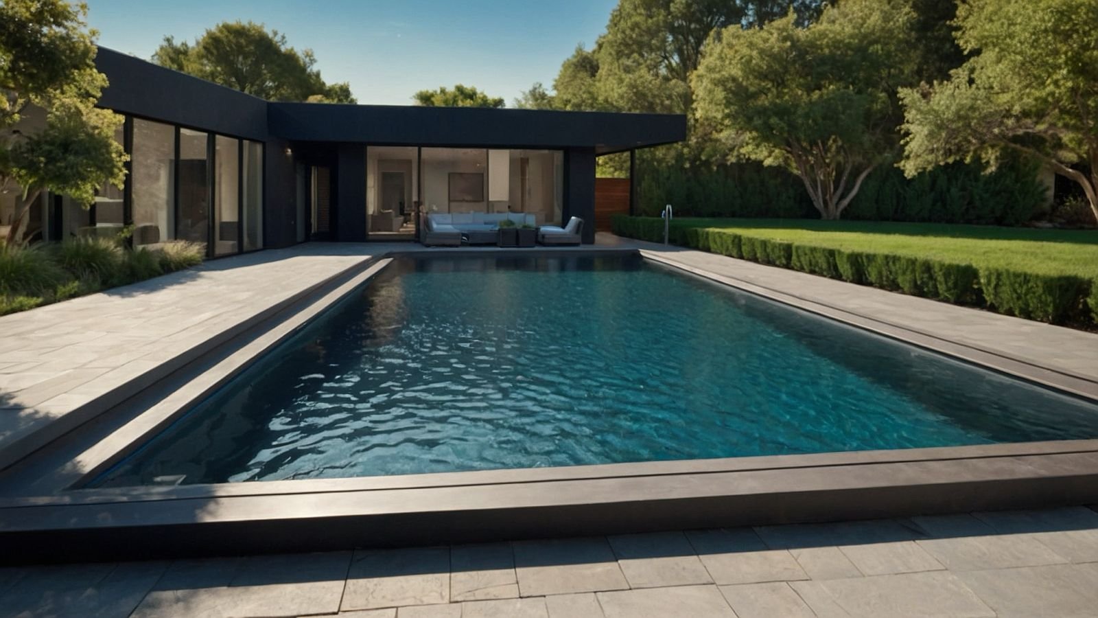 Modern backyard with a rectangular swimming pool covered in the best color pool cover and a minimalistic house design.