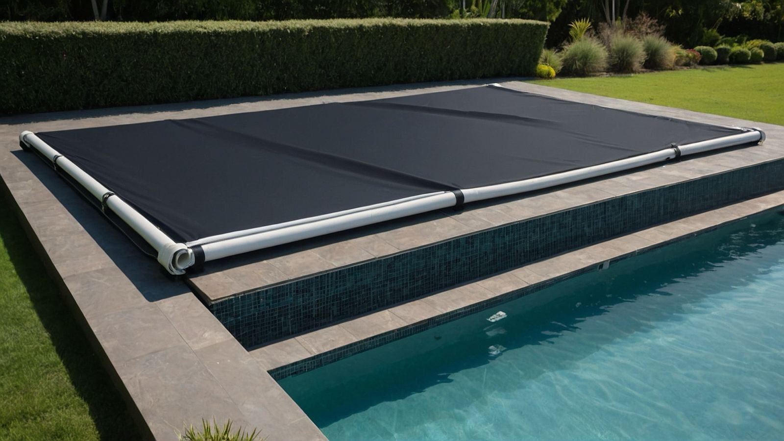 A blue pool cover partially rolled out over an outdoor swimming pool.