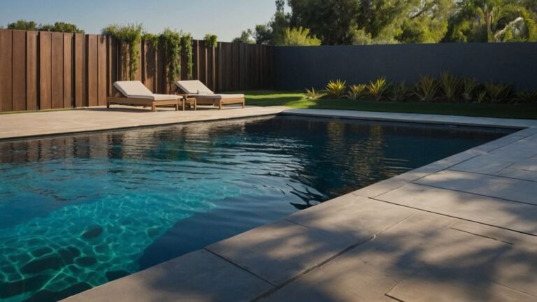 Modern backyard with a swimming pool and walk-on pool covers, and lounge chairs.