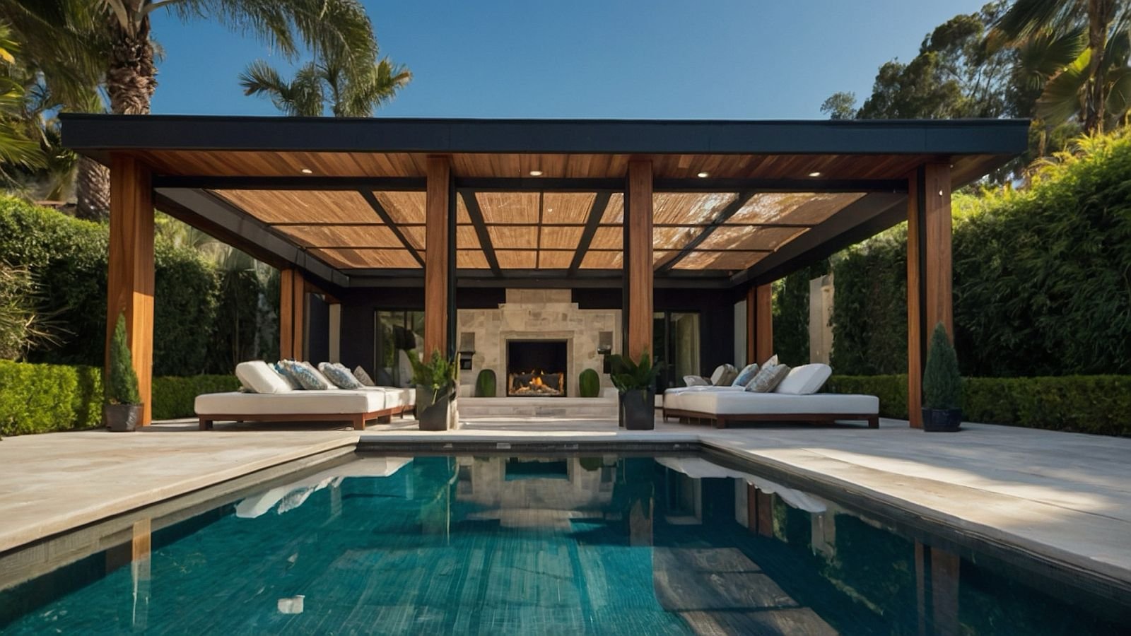 Luxurious backyard with a modern pavilion with a fireplace and a walk-on pool cover.