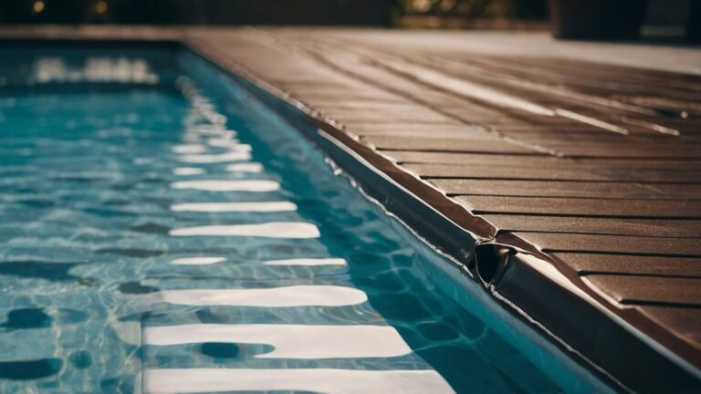 Can you walk on pool covers that cast ripples on the clear water of a tranquil swimming pool with a wooden deck on the side?